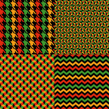 Vector seamless kwanzaa pattern set with colored print and geomerrical seamless and cage pattern. Bright print on black background. Scottish checkered background. Seamless fabric texture. Vector