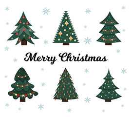 Chrictmas and New Years trees with heralds, light bulb. Decorated xmas trees. Cute Merry Christmas greeting card. Elements for winter holidays decor.
