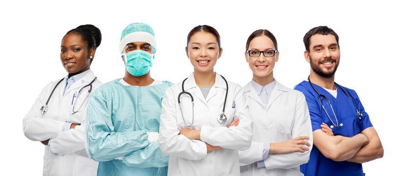 Medicine, Profession And Healthcare Concept - Group Of Happy Smiling Doctors And Nurse With Stethoscopes Over White Background