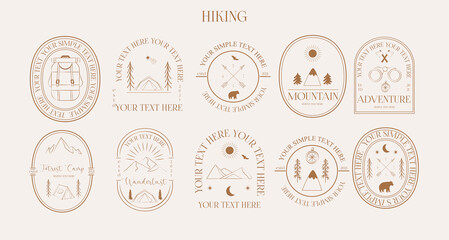 Collection of  logotype template for hiking and camping. Minimalist linear symbol. Perfect for branding, label, sticker, logotype design. Editable Vector Illustration.