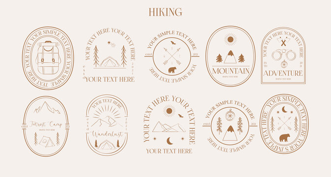 Collection of  logotype template for hiking and camping. Minimalist linear symbol. Perfect for branding, label, sticker, logotype design. Editable Vector Illustration.