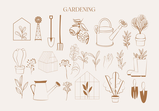 Collection of gardening icons. Minimalist linear symbol. Perfect for label, sticker, logotype design. Editable Vector Illustration.