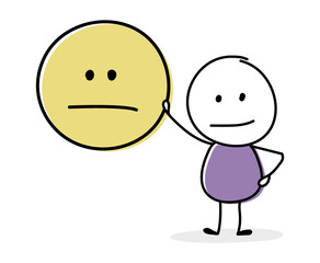 Contemplating stickman with emoticon symbol. Business concept. Vector