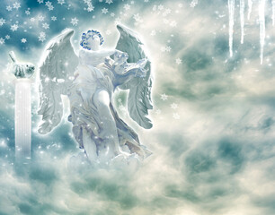 beautiful winter angel archangel over mystic sky with galaxy and stars background and with copy...