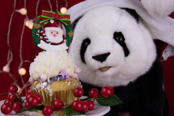 Panda Plus Doll and Santa Claus on Cup Cake for Christmas Celebration