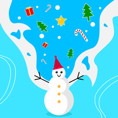 winter illustration. blue background with snowman, star, tree, giftbox, candy cane and snowflakes