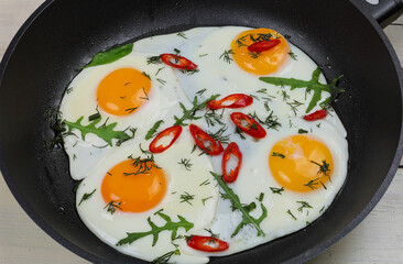 Frying pan with freshly cooked scrambled eggs. Close-up