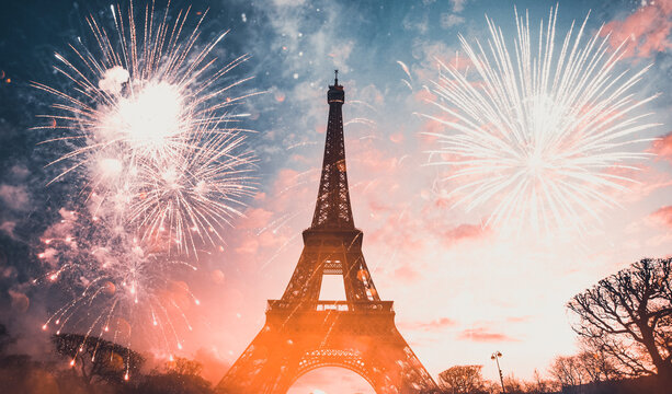 Eiffel tower (Paris, France) with fireworks - Celebrating New Year in the city
