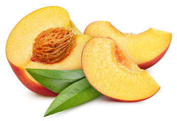 Peach with leaf isolated on white background