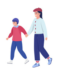 Mom with son on walk semi flat color vector characters. Dynamic figures. Full body people on white. Winter isolated modern cartoon style illustration for graphic design and animation