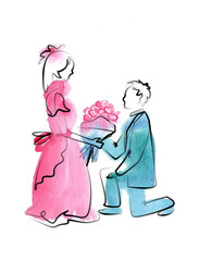 Couple of People in line art style on white background. A man gives a bouquet to a joyful girl. Watercolor pink and turquoise silhouettes