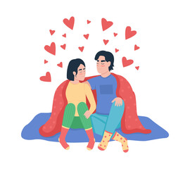 Couple in love semi flat color vector characters. Cuddling figures. Full body people on white. Lovers under blanket isolated modern cartoon style illustration for graphic design and animation