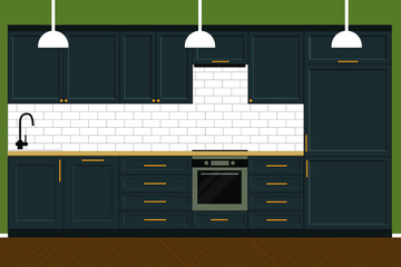 Green Kitchen with gold elements interior with stove, wardrobe and refrigerator. Vector flat plane style illustration. minimal, contemporary simple style.
