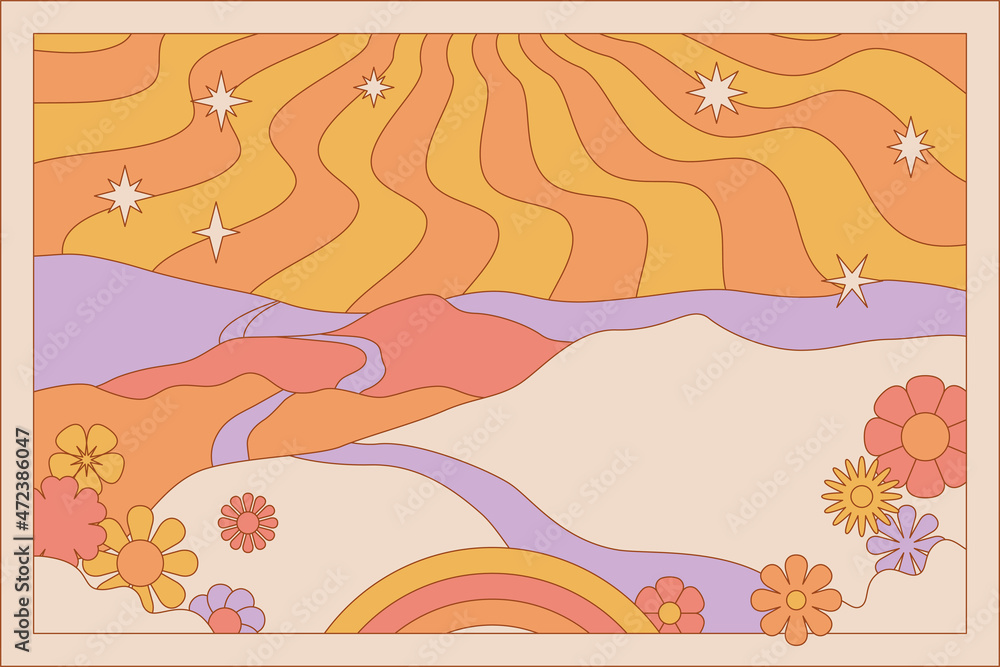 Poster vector illustration in simple line style - boho hippie abstract print - simple natural landscape wit