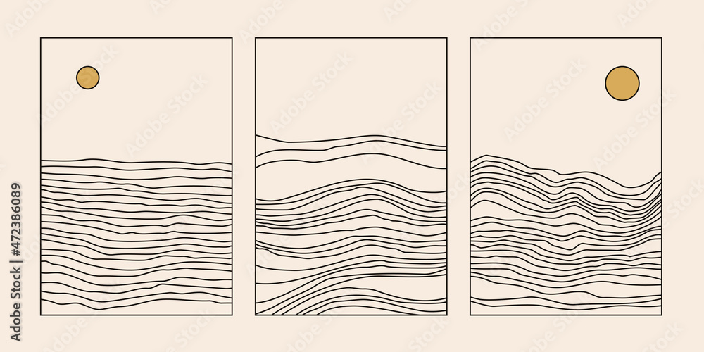 Poster Vector minimal geometric illustrations set - trendy abstract aesthetic linear compositions, prints, frames and graphic design elements
