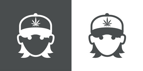 Cannabis shop. Logotipo con silueta de cara de chica con gorra de béisbol con hoja de marihuana estampado en fondo gris y fondo blanco