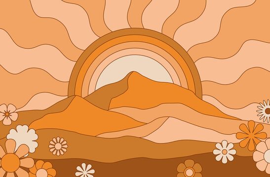 Vector Illustration In Simple Line Style - Boho Hippie Abstract Print - Simple Natural Landscape With Mountains And Hills