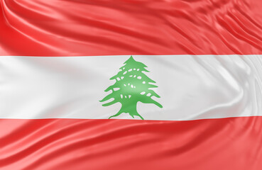 Beautiful Lebanon Flag Wave Close Up on banner background with copy space.,3d model and illustration.