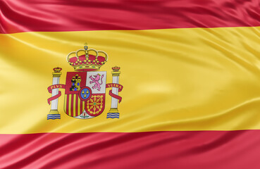 Beautiful Spain Flag Wave Close Up on banner background with copy space.,3d model and illustration.