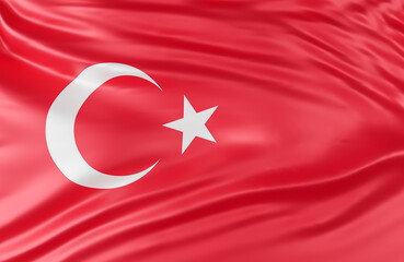 Beautiful Turkey Flag Wave Close Up on banner background with copy space.,3d model and illustration.