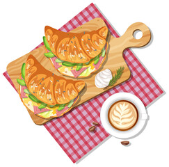 Breakfast set with croissant sandwich a cup of coffee isolated