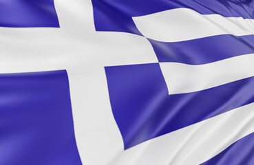Beautiful Greece Flag Wave Close Up on banner background with copy space.,3d model and illustration.