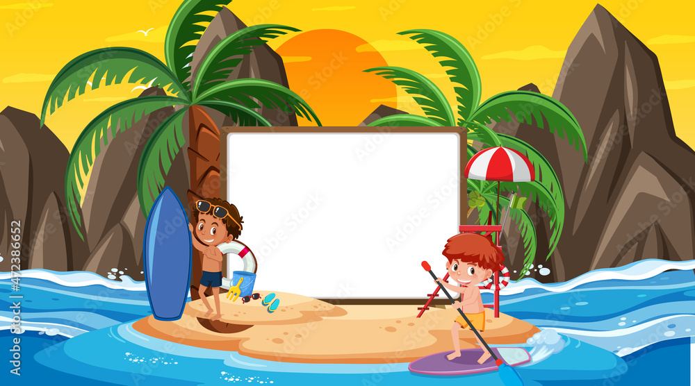 Sticker empty banner template with kids on vacation at the beach sunset scene