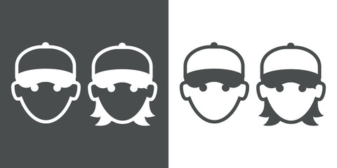 Logotipo con siluetas de cabezas de hombre y mujer con gorras de béisbol con líneas en fondo gris y fondo blanco