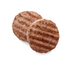Tasty grilled hamburger patties on white background, top view
