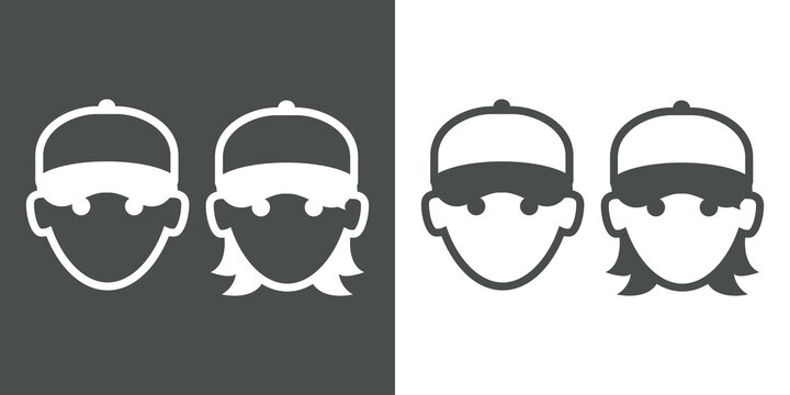 Logotipo con siluetas de cabezas de hombre y mujer con gorras de b&eacute;isbol con l&iacute;neas en fondo gris y fondo blanco