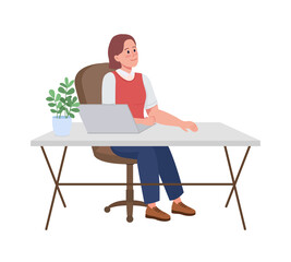 Employee at desk semi flat color vector character. Posing figure. Full body person on white. Corporate work isolated modern cartoon style illustration for graphic design and animation