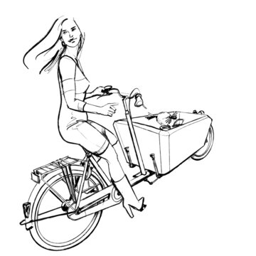 Elegantly dressed mother brings her daughter to school using a cargobike