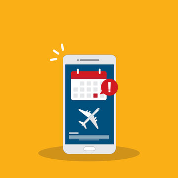 Flight delay info or travel agenda. Online reminder. Important airline airplane departure notification message on mobile phone. Vector illustration	