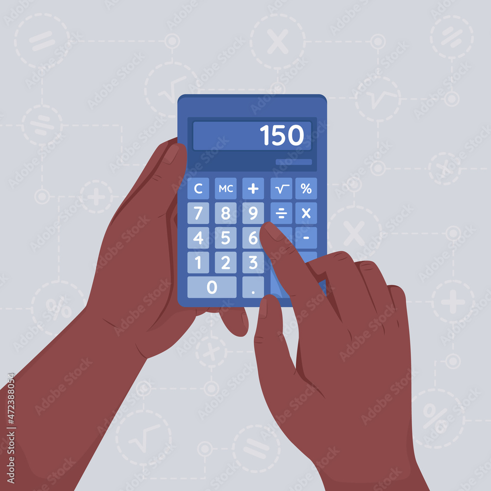 Poster calculating expenses flat color vector illustration. pressing buttons to add numbers. methematical c