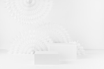 Delicate soft light white abstract scene with two rectangle podiums template for showing cosmetic...