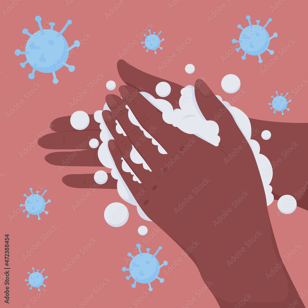 Poster hands washing step flat color vector illustration. cleansing in water to avoid bacteria. prevent vir