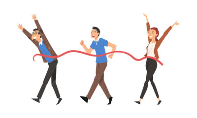 Cheerful Business Man and Woman Crossing Finish Line at Running Track Smiling Vector Set