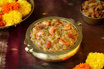 Sakkarai pongal Indian festival food traditional popular mithai sweet pongal dessert made on the festival day of Pongal Makar Sankranti vishu Diwali India.
