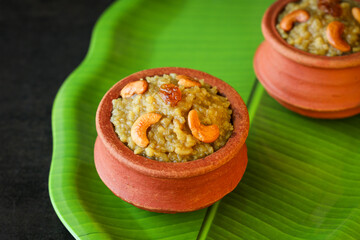 Sakkarai pongal Indian festival food traditional popular mithai sweet pongal dessert made on the festival day of Pongal Makar Sankranti vishu Diwali India.
