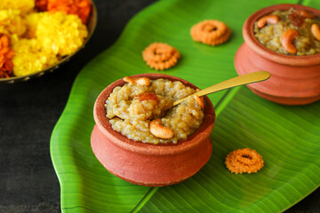 Sakkarai pongal Indian festival food traditional popular mithai sweet pongal dessert made on the festival day of Pongal Makar Sankranti vishu Diwali India.
