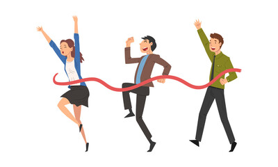 Cheerful Business Man and Woman Crossing Finish Line at Running Track Smiling Vector Set