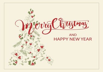 Vector. Merry Christmas and Happy New Year floral background, text design. Rustic horizontal template for a Christmas card, party invitation and other promotional items. Hand-drawn sketch.