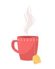 Red mug with hot tea semi flat color vector object. Full realistic item on white. Steaming aromatic drink in cup isolated modern cartoon style illustration for graphic design and animation