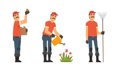 Mustached Man Gardener in Cap and Gloves with Watering Can and Rake Working in the Yard Vector Set