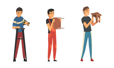 Young Man Assembling Wooden Stool and Chair Engaged in Manual House Work Vector Set
