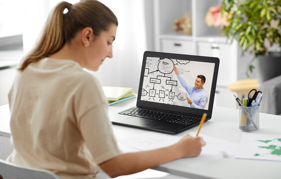 education, online school and distant learning concept - student woman with male teacher on laptop computer screen at home