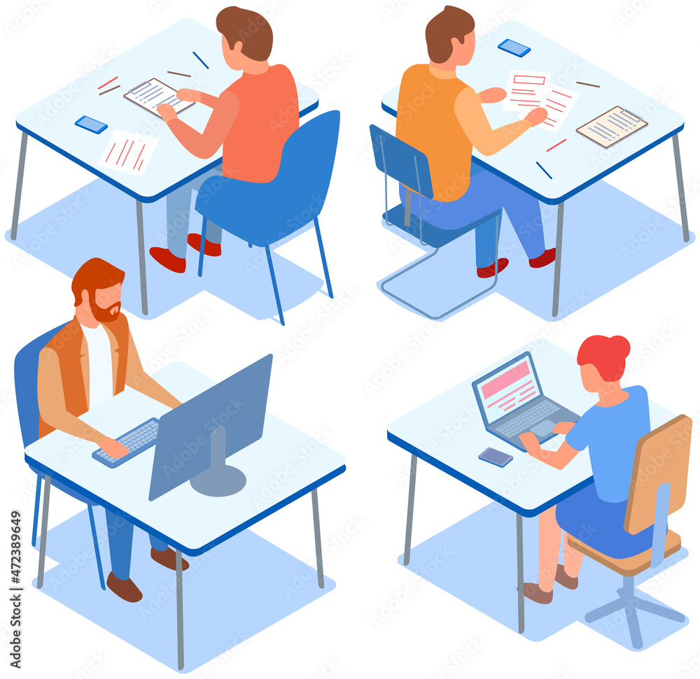 Poster people using their laptops and doing paperwork. employees sitting at workplaces and typing on comput