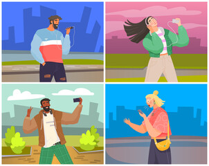 People using smartphones, gadget, mobile phone. People with cellular devices cartoon character. Mobile internet, social media. Taking selfie on smartphone. Modern communication technology