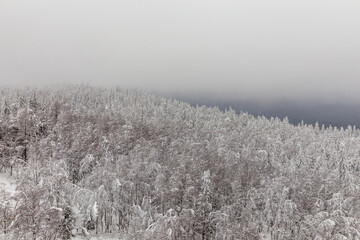 Winter landscape. Black rock, Taganay national Park, Zlatoust city, Chelyabinsk region, South Ural, Russia.