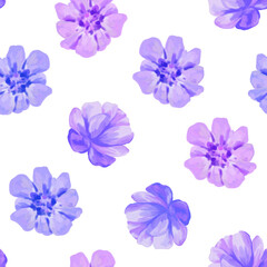 Floral seamless pattern. Voilet purple flowers. Isolated on white background. Hand drawn illustration. Texture for print, fabric, textile, wallpaper.